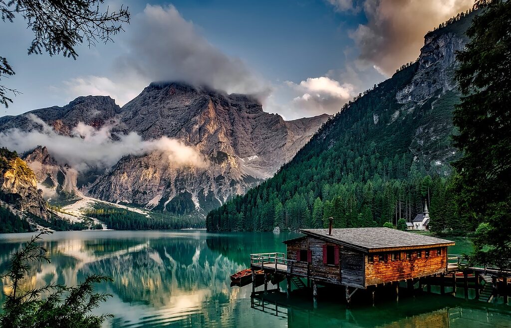 mountains, lake, house