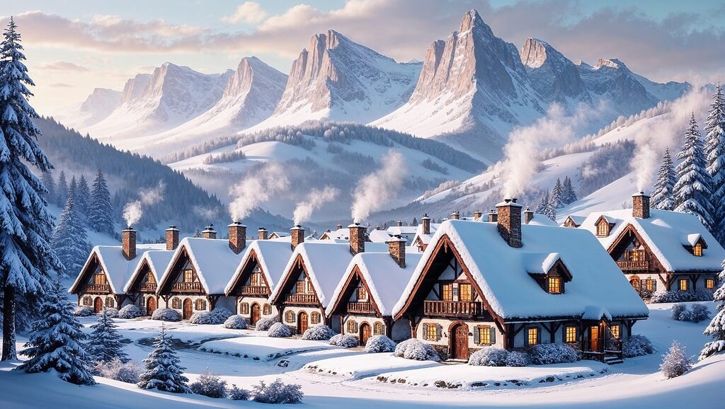 village, houses, snow