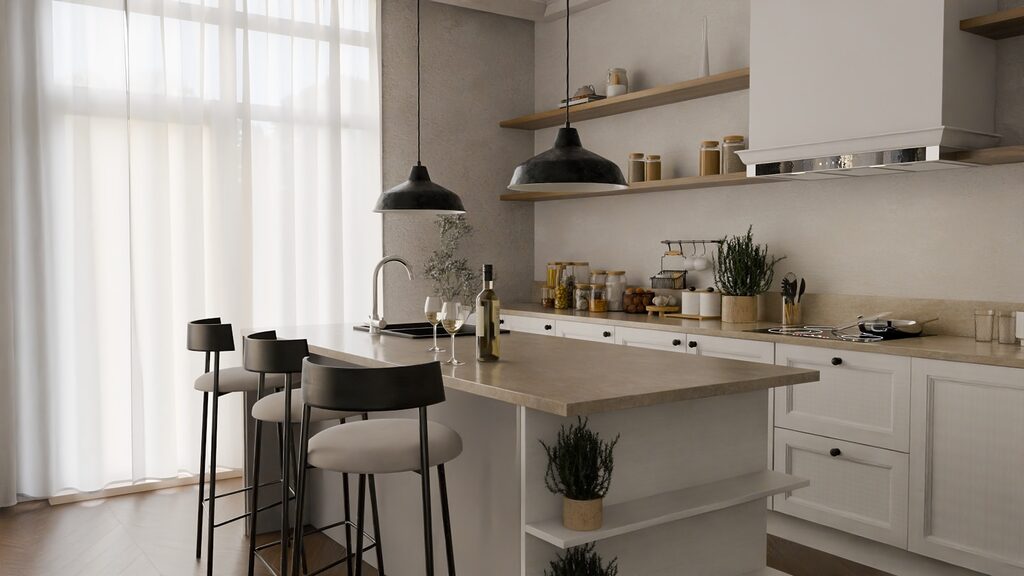 A kitchen with a lot of counter space and white cabinets